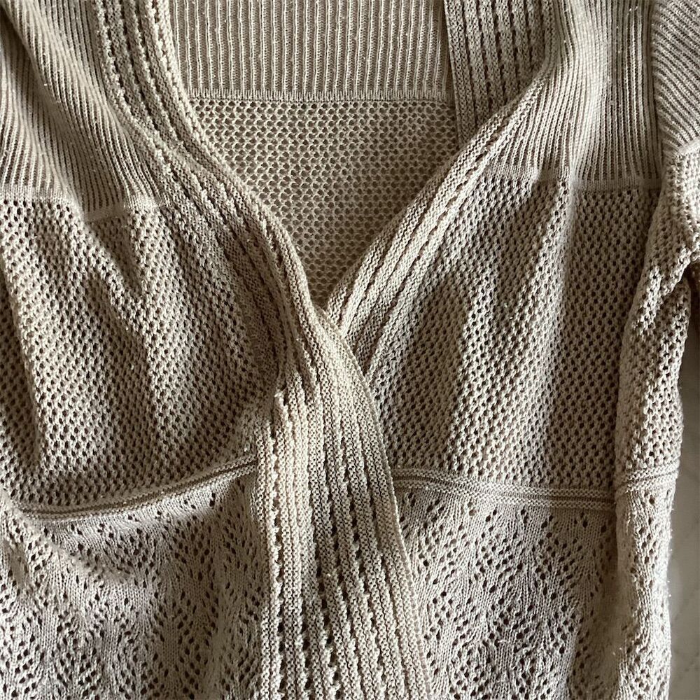 Sweater Works Women's Beige Crochet Shrug Cardigan M 3/4 Sleeve Casual Sweater - Picture 4 of 9